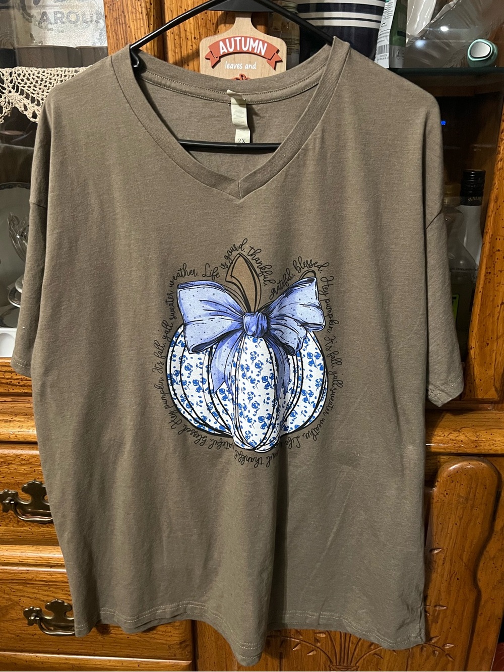 Women’s Taupe V-Neck Top with Blue Pumpkin Graphic